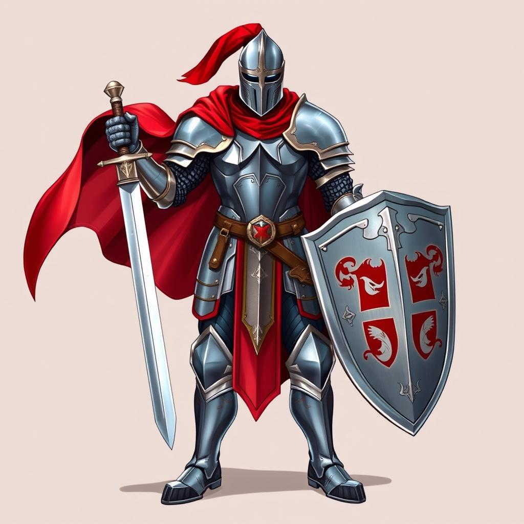 A formidable knight clad in shining iron armor, depicted in a dynamic Dungeons and Dragons style illustration