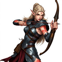 A fierce female elf archer, depicted in a captivating fantasy style illustration