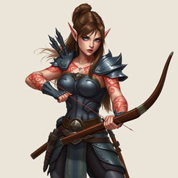 A fierce female elf archer, depicted in a captivating fantasy style illustration