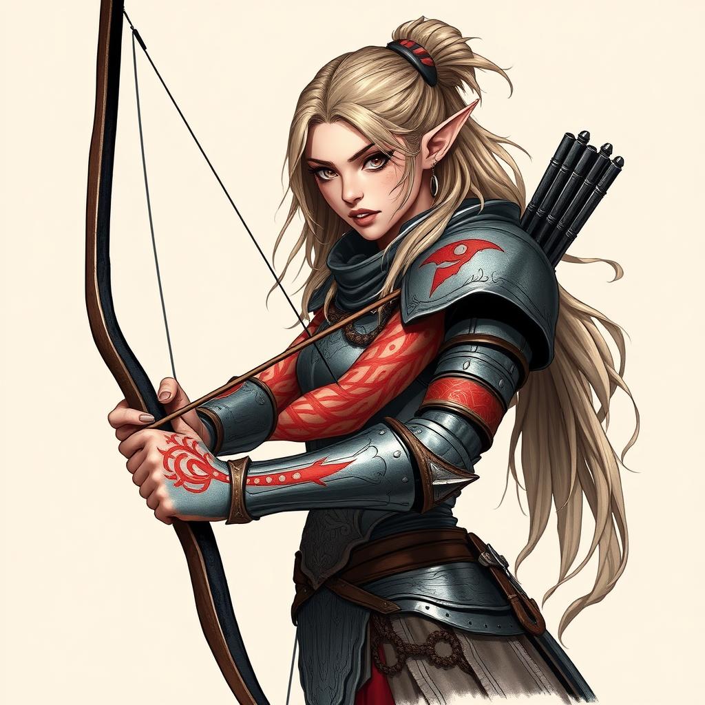 A fierce female elf archer, depicted in a captivating fantasy style illustration