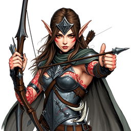 A fierce female elf archer, depicted in a captivating fantasy style illustration
