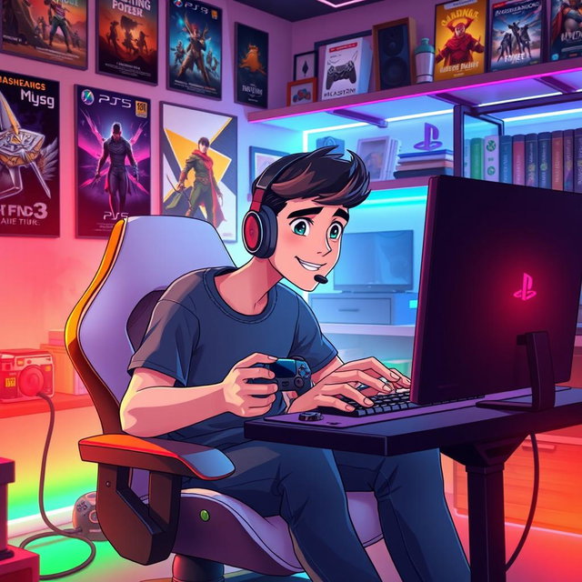 An animated scene featuring a young male gamer intensely playing video games on both a PlayStation 5 and a PC