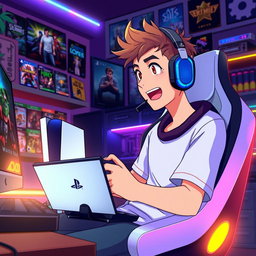 An animated scene featuring a young male gamer intensely playing video games on both a PlayStation 5 and a PC
