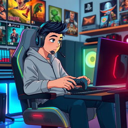 An animated scene featuring a young male gamer intensely playing video games on both a PlayStation 5 and a PC