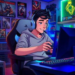 An animated scene featuring a young male gamer intensely playing video games on both a PlayStation 5 and a PC