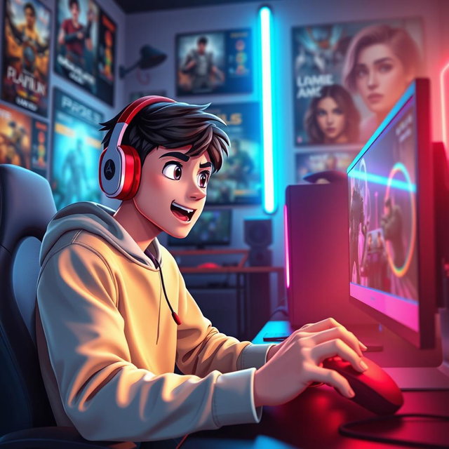 An animated cover image featuring a young male gamer, deeply focused and engaged, playing video games on both a PlayStation 5 and a gaming PC setup