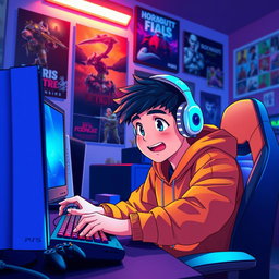 An animated cover image featuring a young male gamer, deeply focused and engaged, playing video games on both a PlayStation 5 and a gaming PC setup