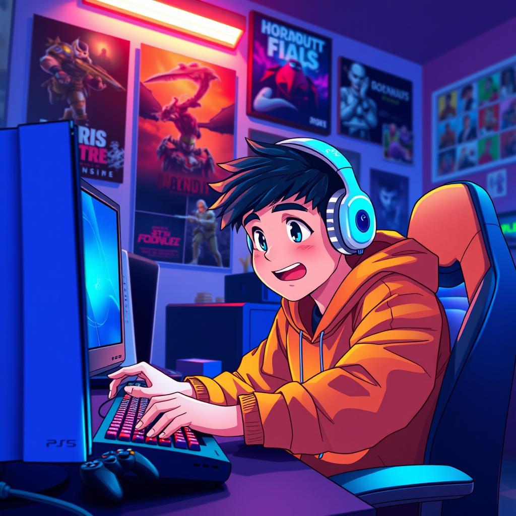 An animated cover image featuring a young male gamer, deeply focused and engaged, playing video games on both a PlayStation 5 and a gaming PC setup