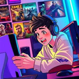 An animated cover image featuring a young male gamer, deeply focused and engaged, playing video games on both a PlayStation 5 and a gaming PC setup