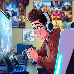An animated cover image featuring a young male gamer, deeply focused and engaged, playing video games on both a PlayStation 5 and a gaming PC setup