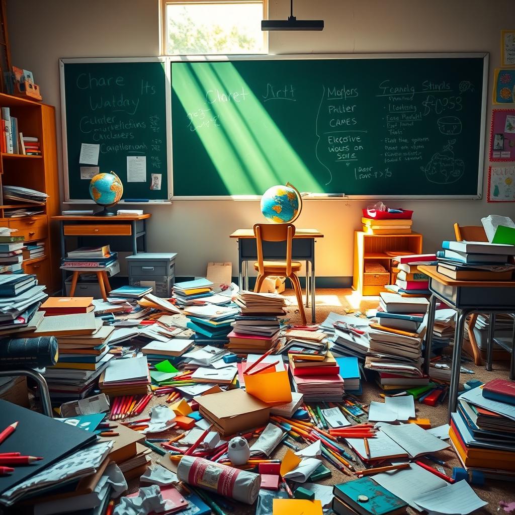 A messy classroom with scattered books, colorful pencils, and crumpled paper on the floor