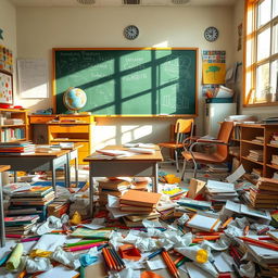 A messy classroom with scattered books, colorful pencils, and crumpled paper on the floor