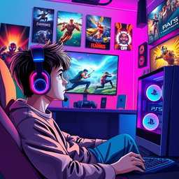 A vibrant and dynamic background illustration featuring a young male gamer engrossed in playing video games