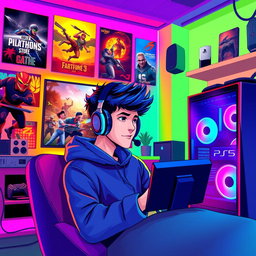 A vibrant and dynamic background illustration featuring a young male gamer engrossed in playing video games