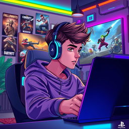 A vibrant and dynamic background illustration featuring a young male gamer engrossed in playing video games