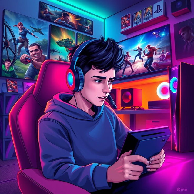 A vibrant and dynamic background illustration featuring a young male gamer engrossed in playing video games