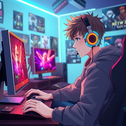 A vibrant and dynamic anime-style background featuring a young male gamer immersed in playing video games on both a PlayStation 5 and a gaming PC