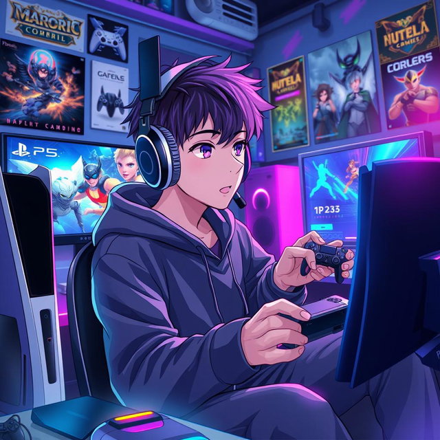 A vibrant and dynamic anime-style background featuring a young male gamer immersed in playing video games on both a PlayStation 5 and a gaming PC