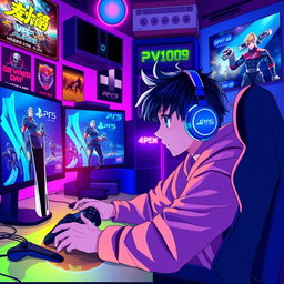 A vibrant and dynamic anime-style background featuring a young male gamer immersed in playing video games on both a PlayStation 5 and a gaming PC