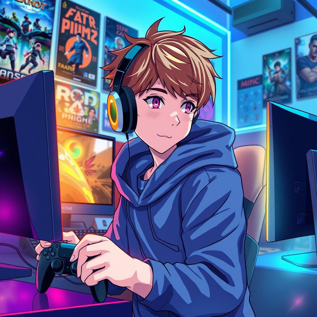 A vibrant and dynamic anime-style background featuring a young male gamer immersed in playing video games on both a PlayStation 5 and a gaming PC