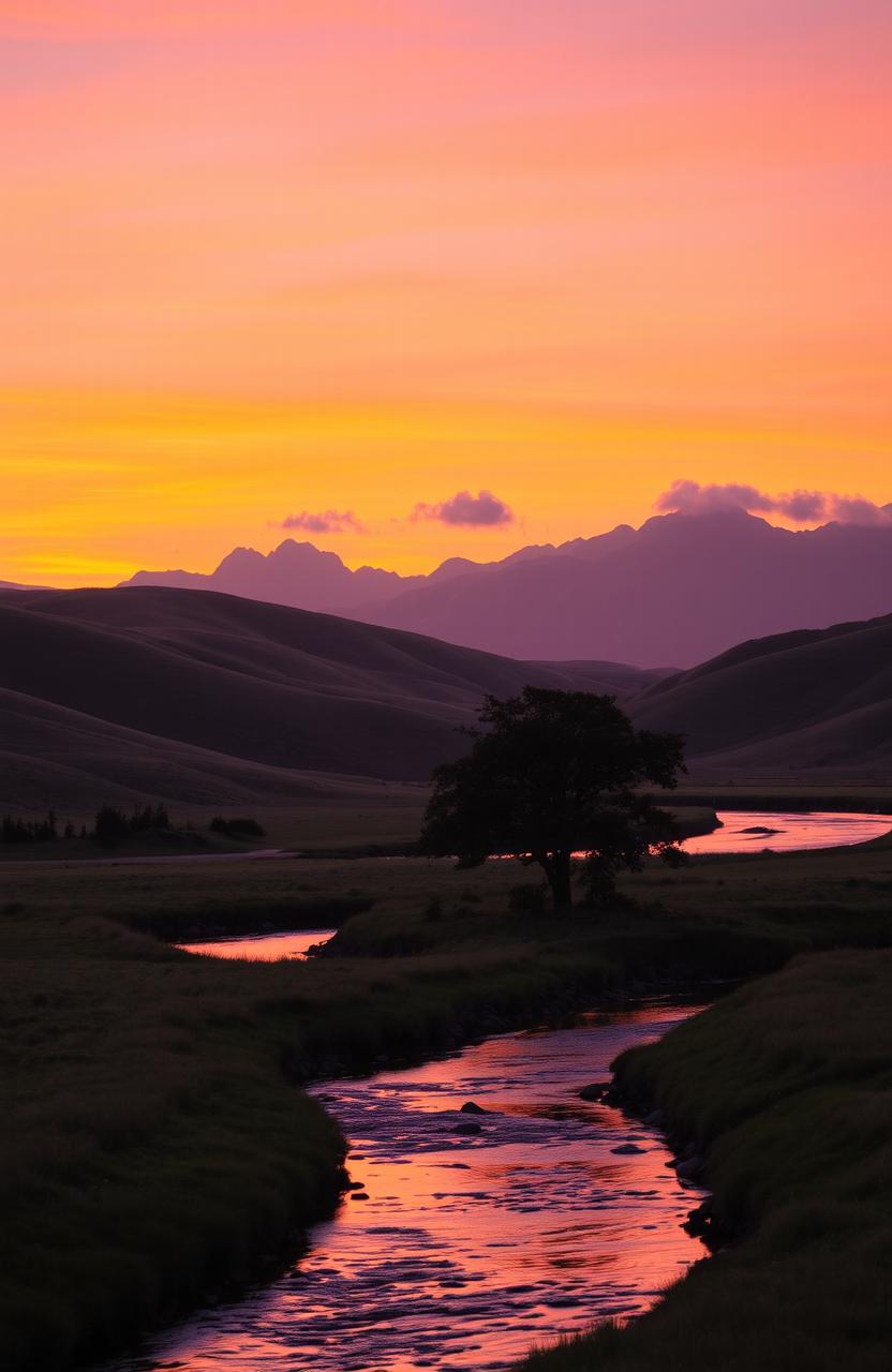 A serene landscape during sunset, featuring rolling hills illuminated by orange and pink hues in the sky