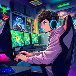 A dynamic and colorful anime-style background featuring a young male gamer intensely playing video games on a PlayStation 5 and a PC