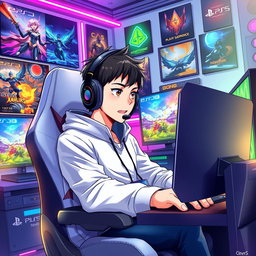 A dynamic and colorful anime-style background featuring a young male gamer intensely playing video games on a PlayStation 5 and a PC