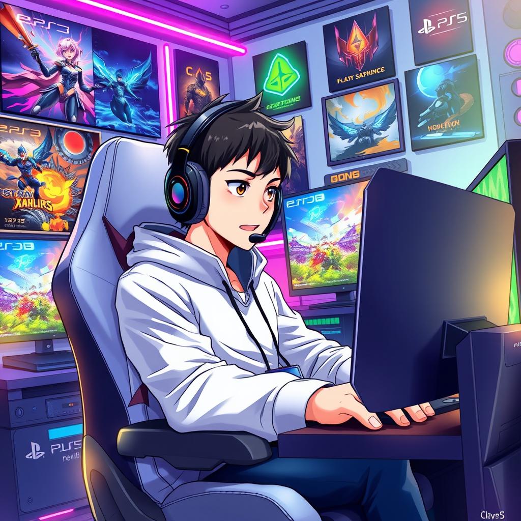A dynamic and colorful anime-style background featuring a young male gamer intensely playing video games on a PlayStation 5 and a PC