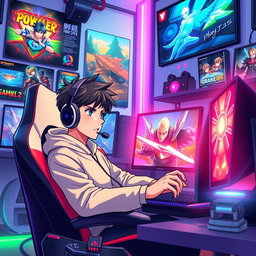 A dynamic and colorful anime-style background featuring a young male gamer intensely playing video games on a PlayStation 5 and a PC
