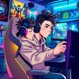 A dynamic and colorful anime-style background featuring a young male gamer intensely playing video games on a PlayStation 5 and a PC