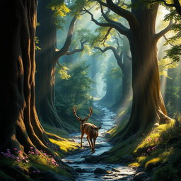 A mystical forest scene with vibrant colors, featuring towering ancient trees with thick trunks and lush green leaves