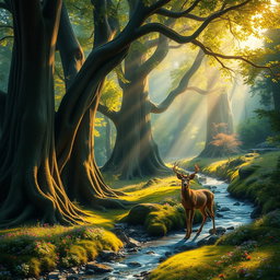 A mystical forest scene with vibrant colors, featuring towering ancient trees with thick trunks and lush green leaves