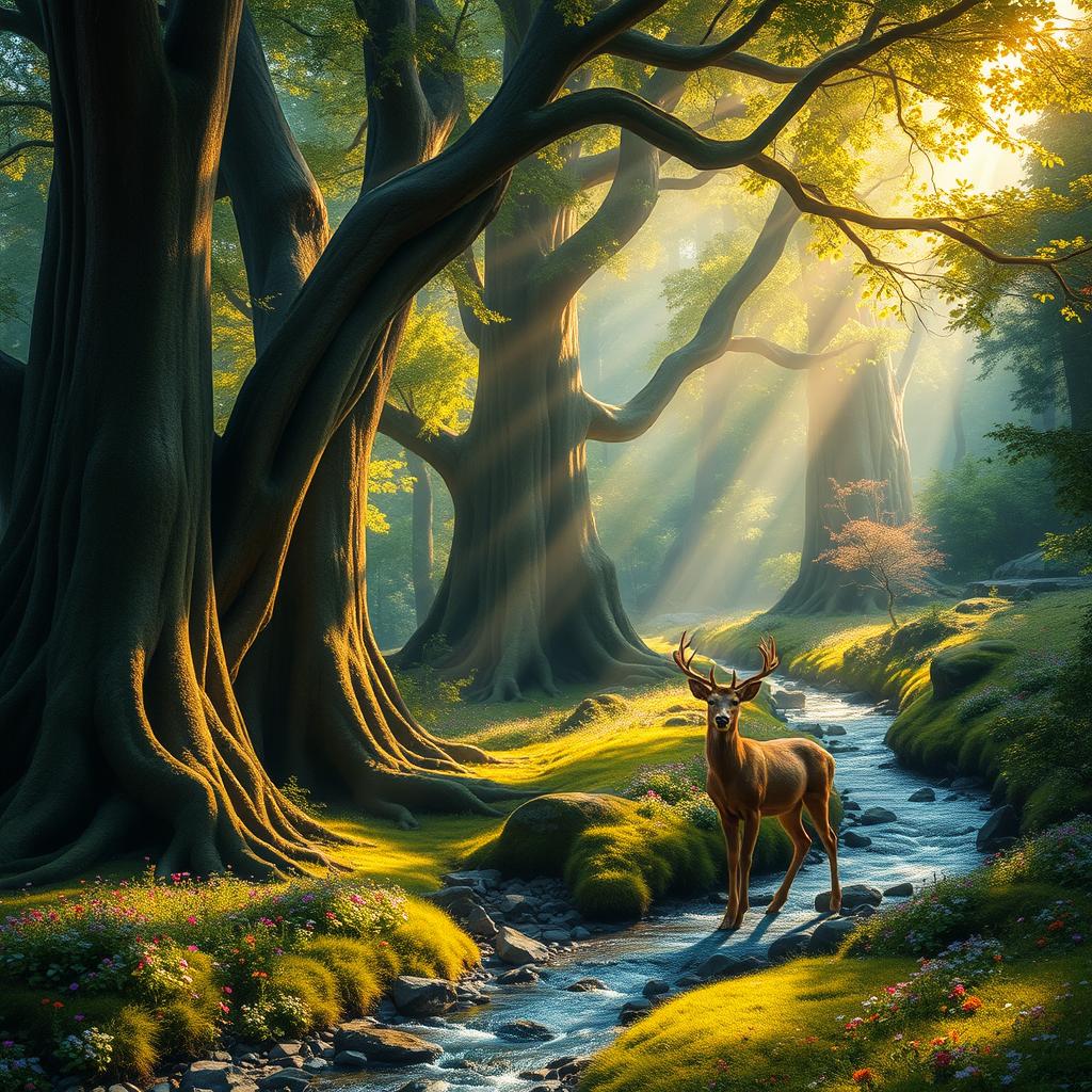 A mystical forest scene with vibrant colors, featuring towering ancient trees with thick trunks and lush green leaves