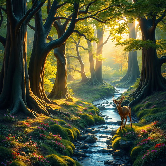 A mystical forest scene with vibrant colors, featuring towering ancient trees with thick trunks and lush green leaves
