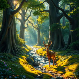 A mystical forest scene with vibrant colors, featuring towering ancient trees with thick trunks and lush green leaves