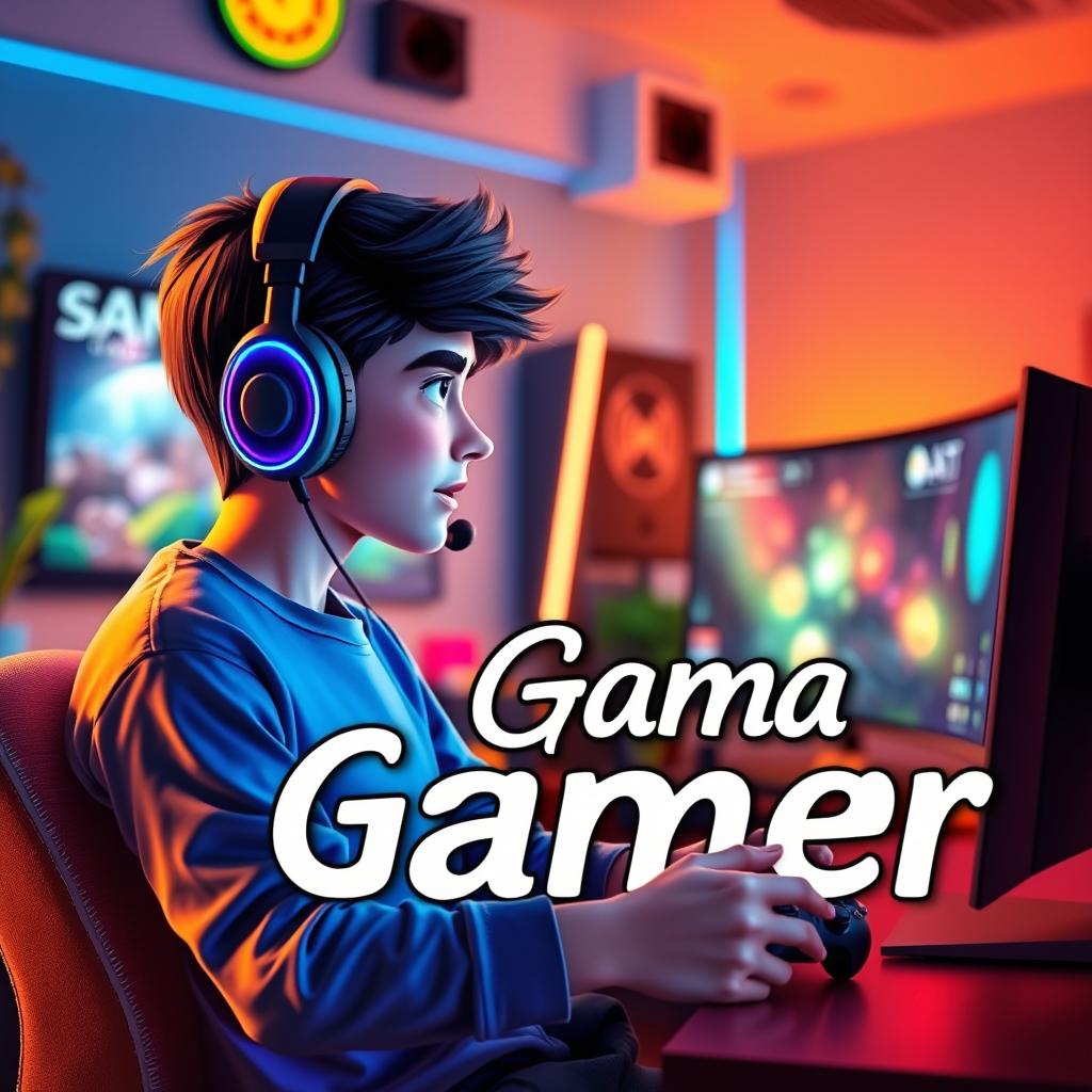 An animated background featuring a young male gamer, energetically playing video games on a PlayStation 5 and PC setup