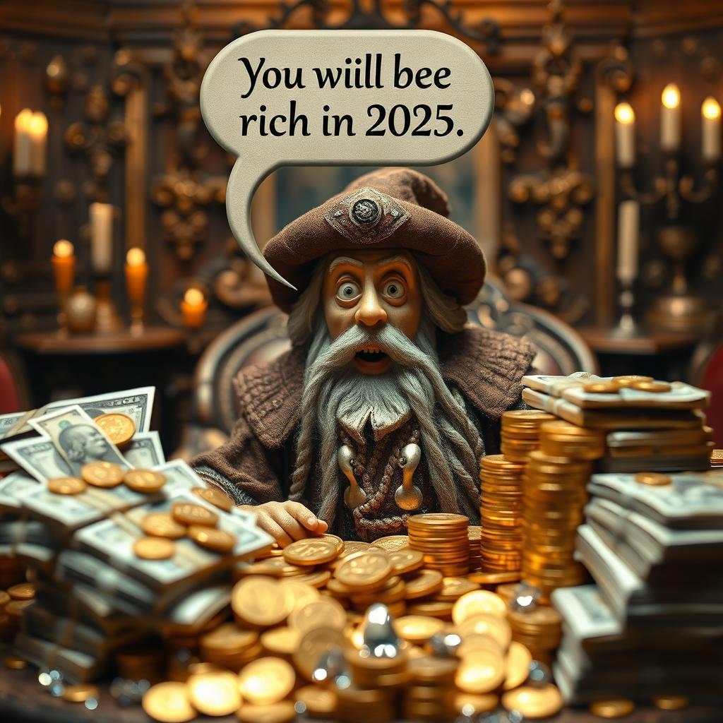 A detailed miniature scene featuring a surprised Nostradamus, depicted as an elderly man with a long beard, styled in traditional 16th-century clothing and a unique hat