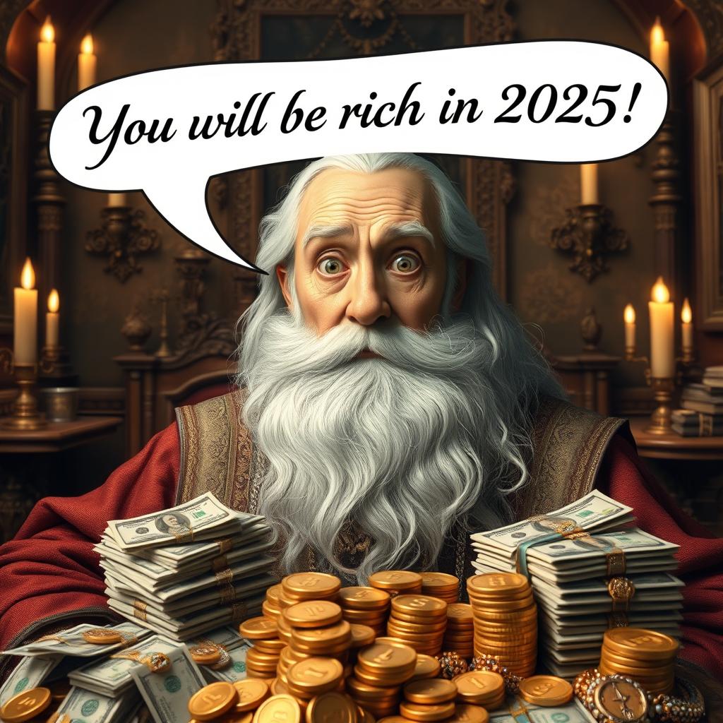 A super realistic depiction of Nostradamus, an elderly man with a flowing white beard and wearing richly detailed 16th-century clothing, showing a look of surprise on his face