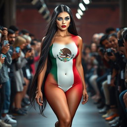 A gorgeous full-length photograph of a stunning 18-year-old woman with pale skin, long black hair cascading down her shoulders, and mesmerizing crystal blue eyes