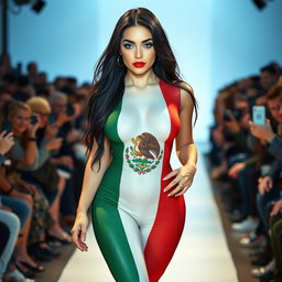 A gorgeous full-length photograph of a stunning 18-year-old woman with pale skin, long black hair cascading down her shoulders, and mesmerizing crystal blue eyes