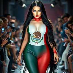 A gorgeous full-length photograph of a stunning 18-year-old woman with pale skin, long black hair cascading down her shoulders, and mesmerizing crystal blue eyes