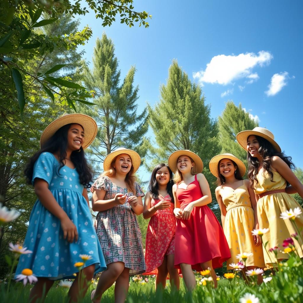 A vibrant scene featuring a group of diverse girls engaged in a joyful activity outdoors, surrounded by tall green trees and blooming flowers