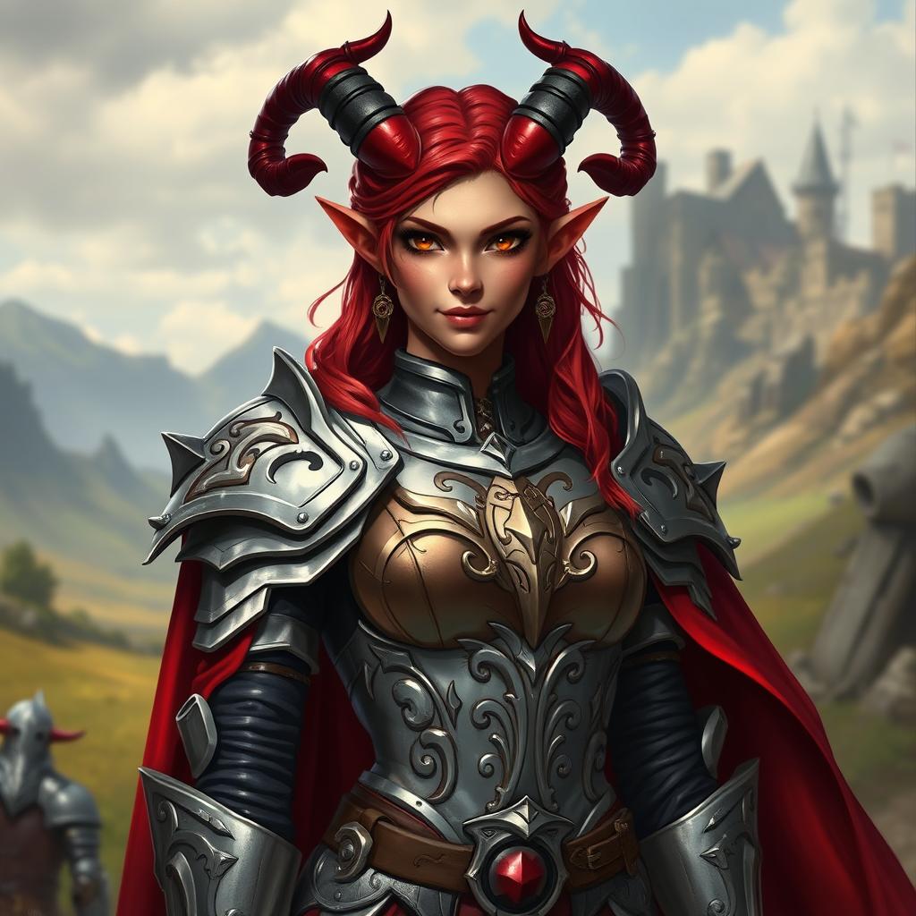 An attractive female tiefling knight stands poised, exuding confidence and charm