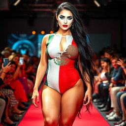 A striking full-length photograph of a stunning 18-year-old woman with pale skin and long black hair