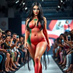 A striking full-length photograph of a stunning 18-year-old woman with pale skin and long black hair