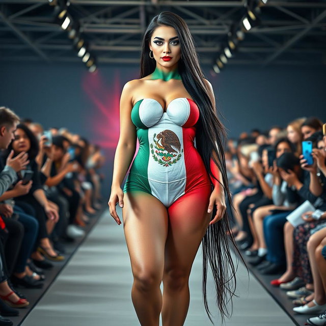 A striking full-length photograph of a stunning 18-year-old woman with pale skin and long black hair