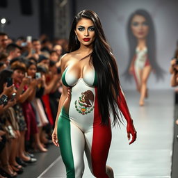 A striking full-length photograph of a stunning 18-year-old woman with pale skin and long black hair