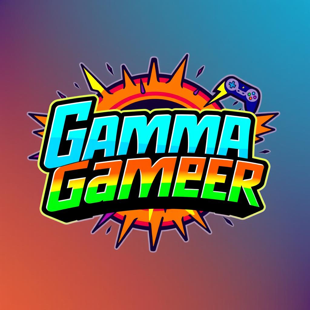 A vibrant and dynamic gaming logo centered around the name 'GammaGamer', using bold, energetic colors like electric blue, lime green, and bright orange