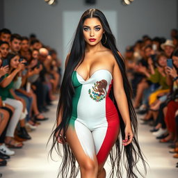 A captivating full-length photograph of a beautiful 18-year-old woman with pale skin and long, flowing black hair