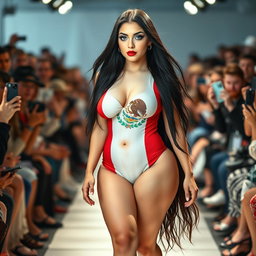 A captivating full-length photograph of a beautiful 18-year-old woman with pale skin and long, flowing black hair